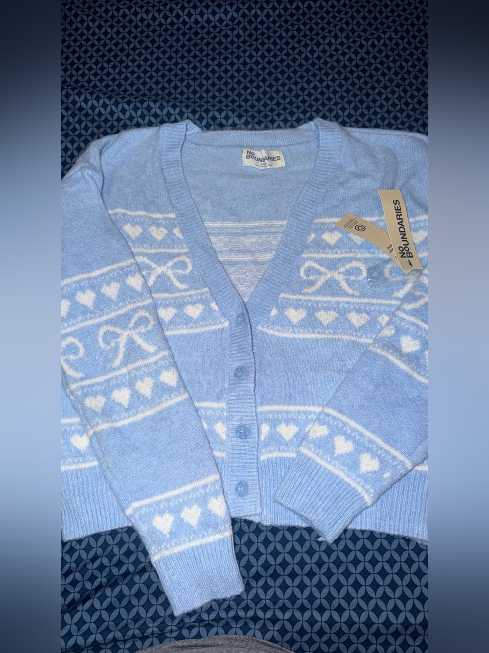 No Boundaries Light Blue and White Heart Pattern V-Neck Cardigan